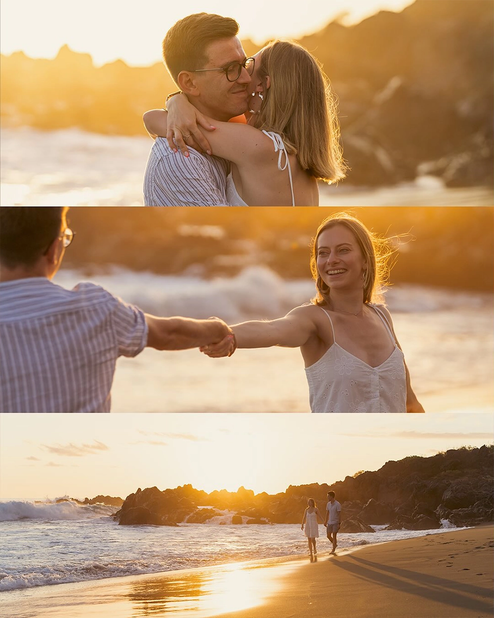 Couple enlacé au coucher du soleil sur une plage de La Réunion